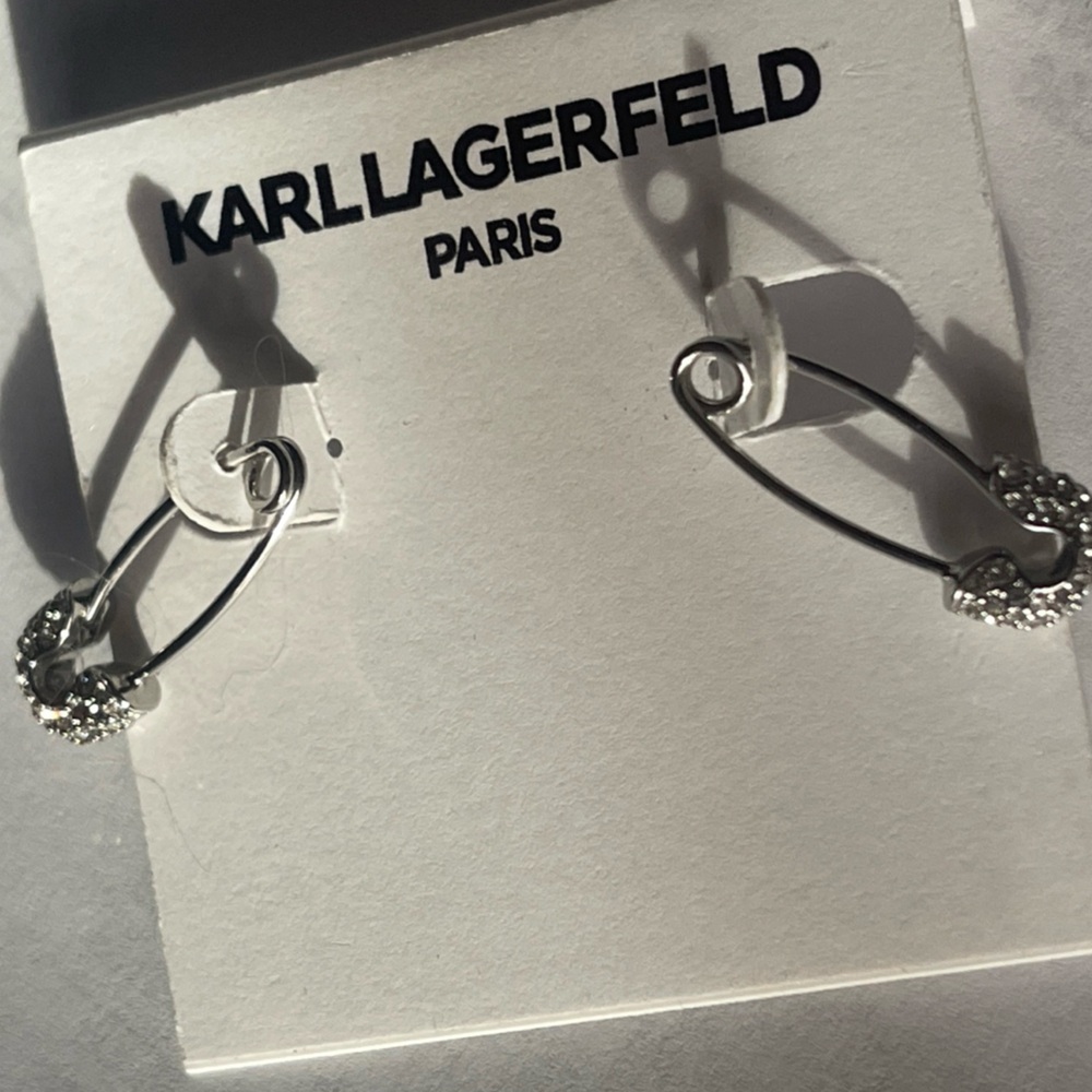 Karl Lagerfeld Safety Pin silver tone & pave earrings, brand new on card nwt